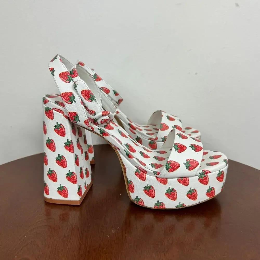 Larroude Dolly Ankle Strap Platform Sandal Strawberry Print Women's Size 6
